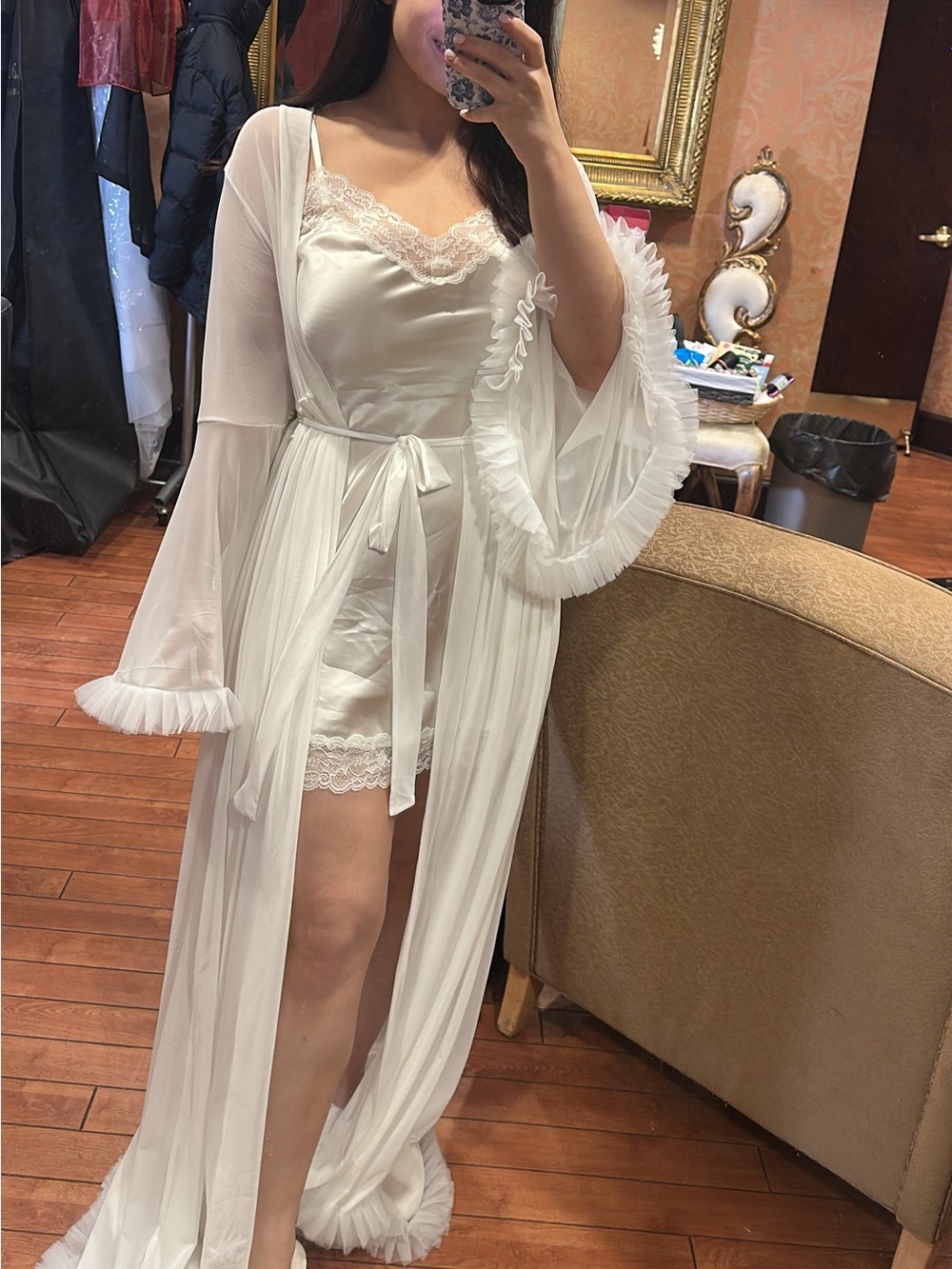 White Sheer Ruffle Trim Wrap Robe - Picture 7 of 7